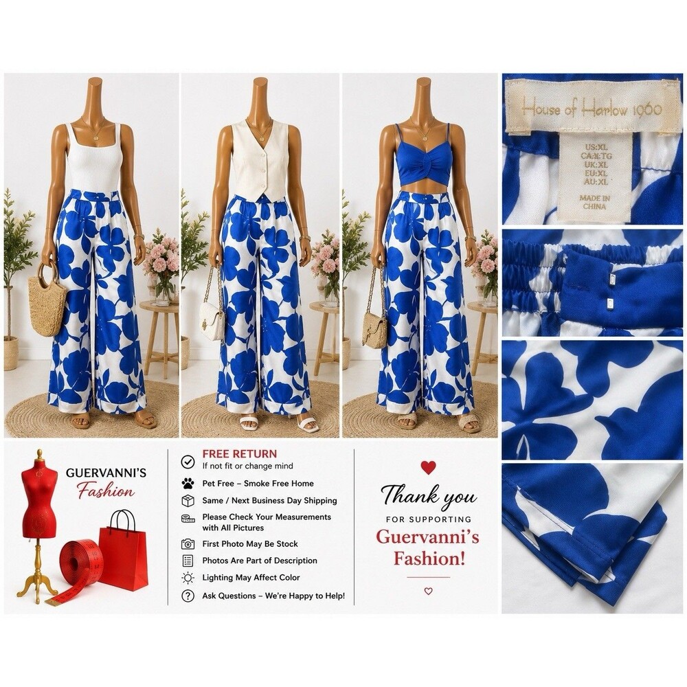 House of Harlow 1960 Women's Wide Leg Pants Blue White Floral Wide Legs Size XL
